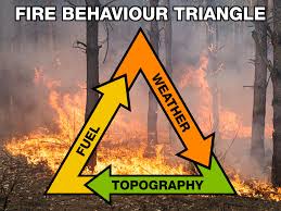 Fire Behaviour Triangle showing Weather, Fuel, and Topography